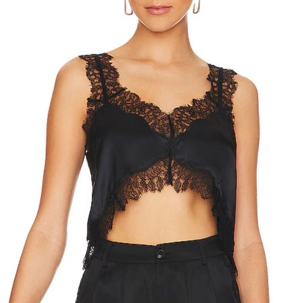 Cami NYC Otis Crop Silk Camisole Sz L Black Lace Satin Romantic Cottage Gothic